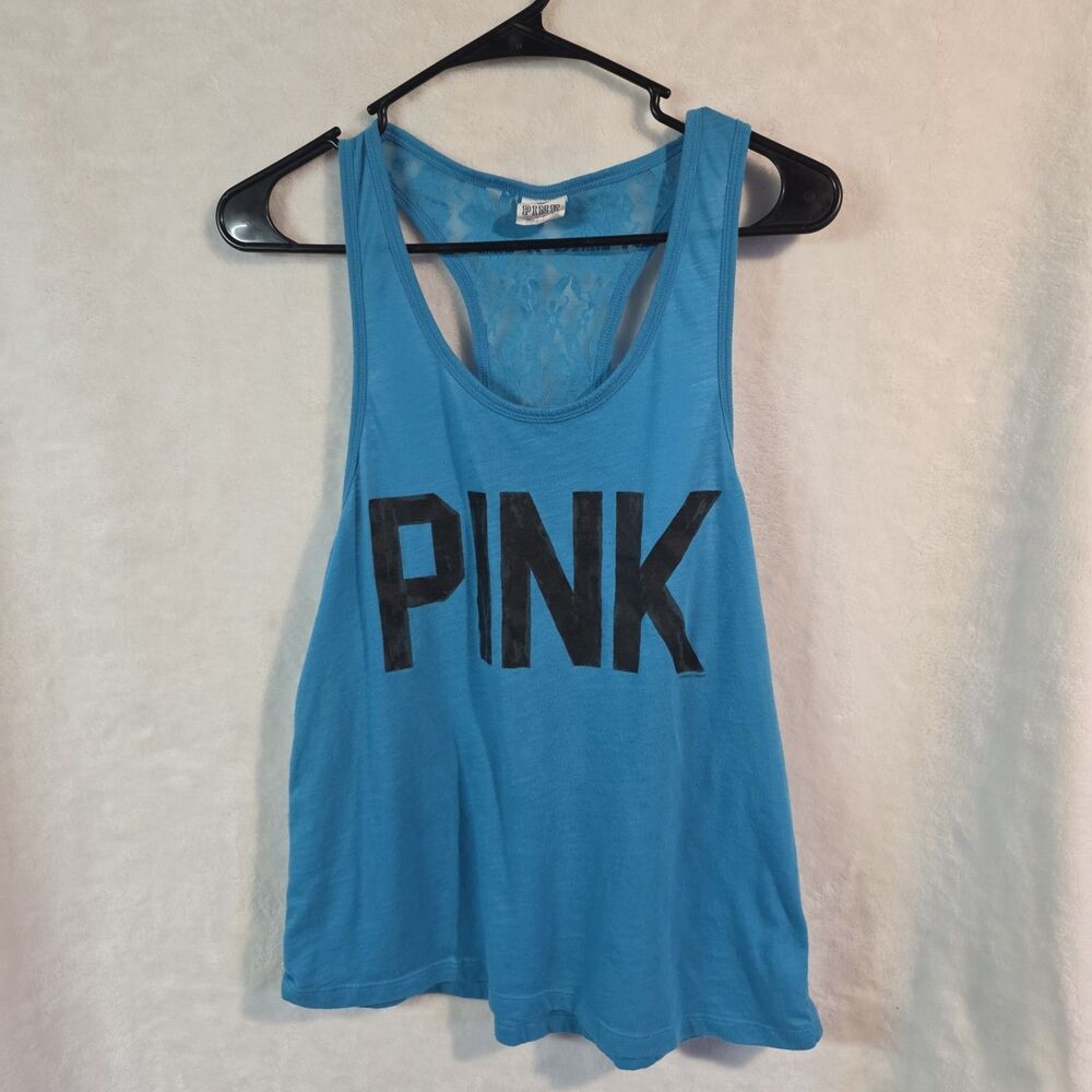 Victoria’s Secret PINK Blue Graphic Print Racerback Lace Sheer Stretch Tank